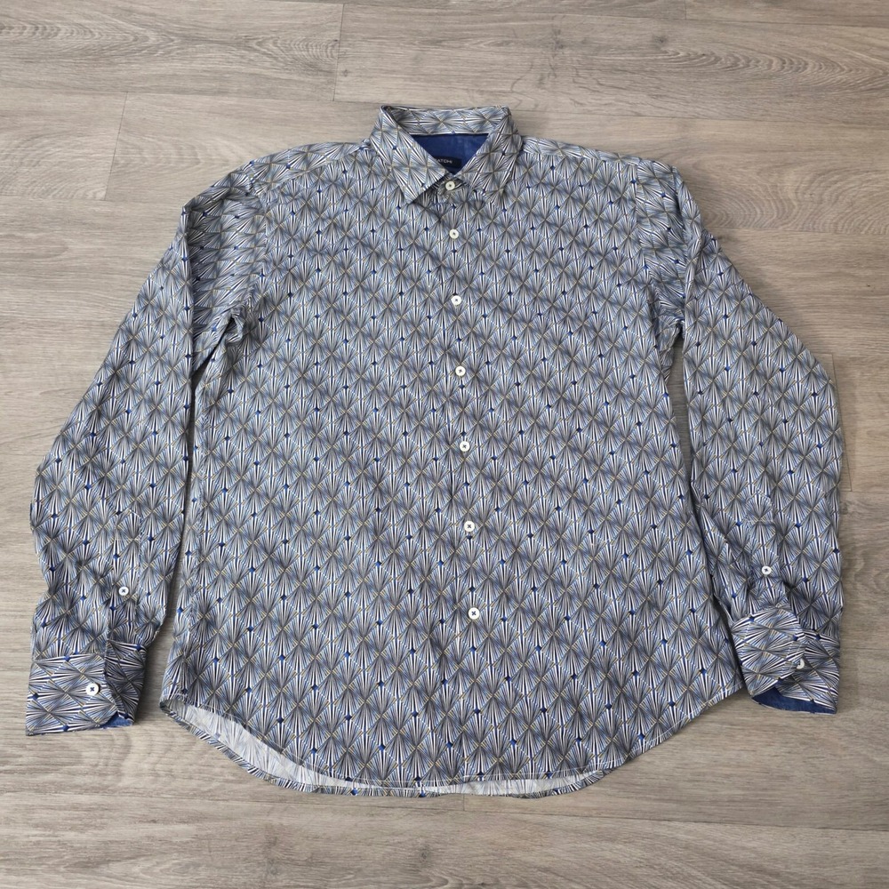 Bugatchi Shaped Fit Button Down Shirt Geometric Print‎ Long Sleeve L